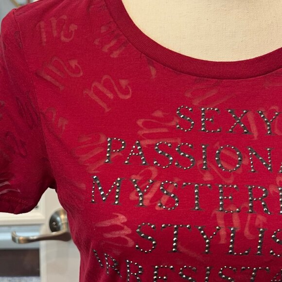 SCORPIO Red Burnout T-shirt Horoscope Zodiac Embellished Shirt NWT Express M - Picture 6 of 9